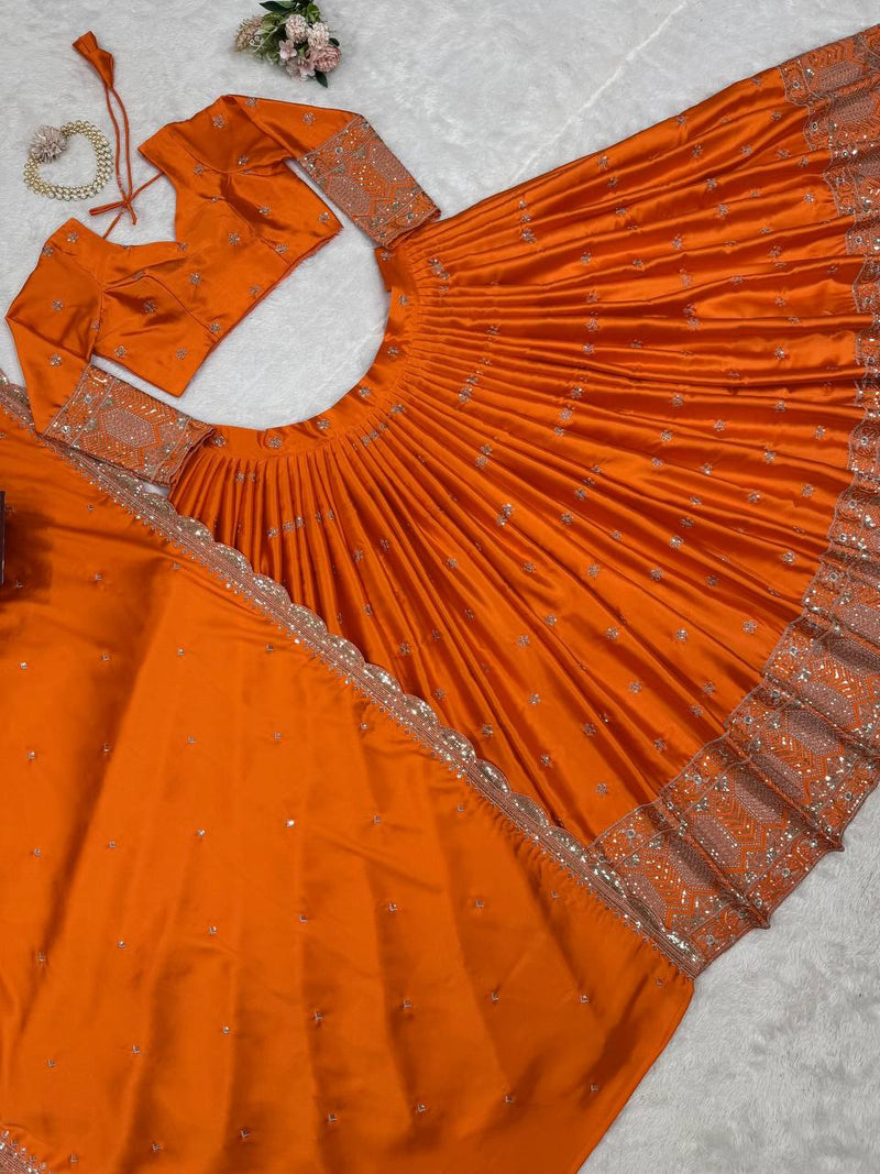 Orange Color Thread Sequence Work Designer Trendy Silk Lehenga