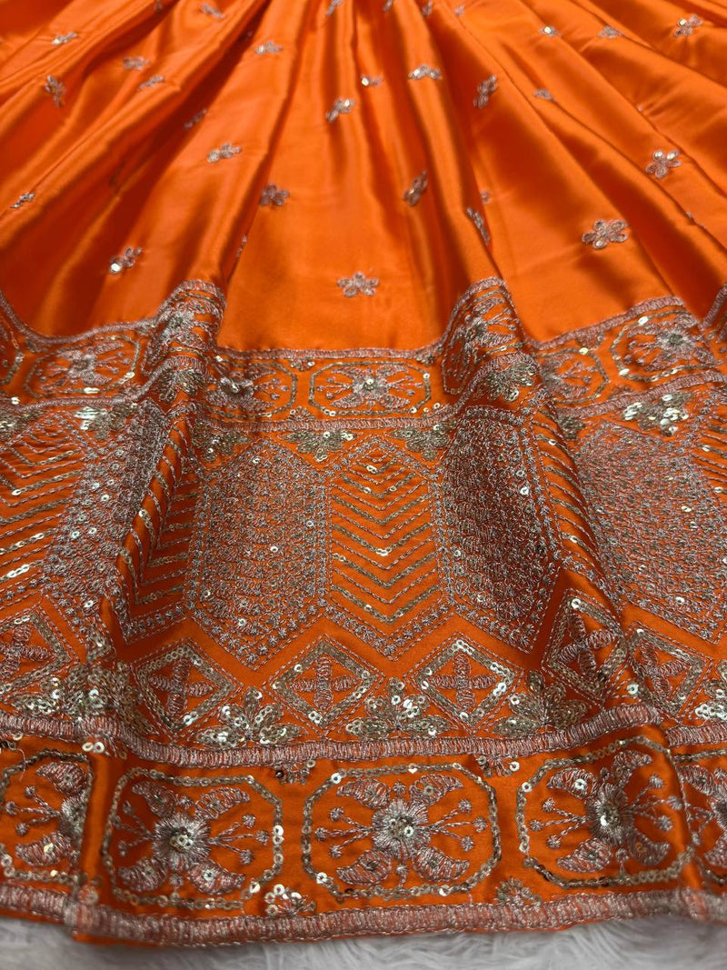 Orange Color Thread Sequence Work Designer Trendy Silk Lehenga