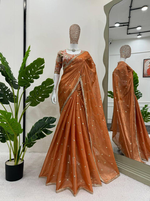 Orange Color Sequence Work Jimmy Chu Designer Saree