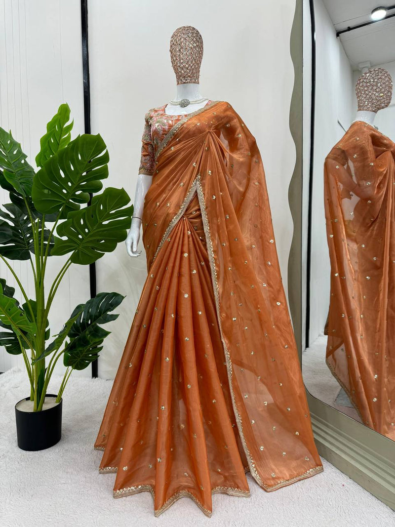 Orange Color Sequence Work Jimmy Chu Designer Saree