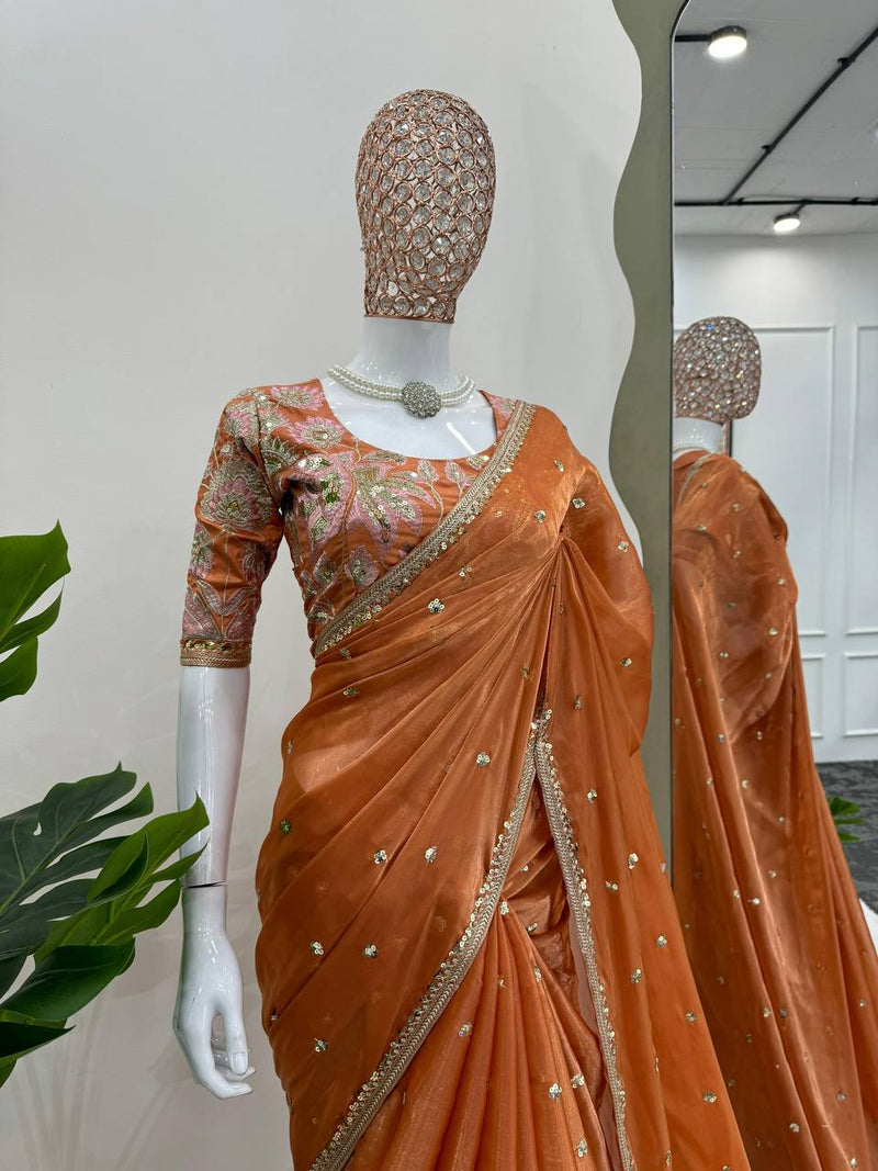 Orange Color Sequence Work Jimmy Chu Designer Saree