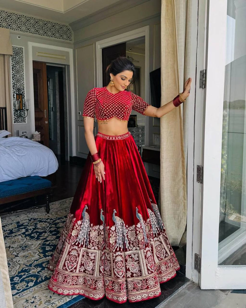 Maroon Color Wedding Wear Velvet Designer Lehenga Choli