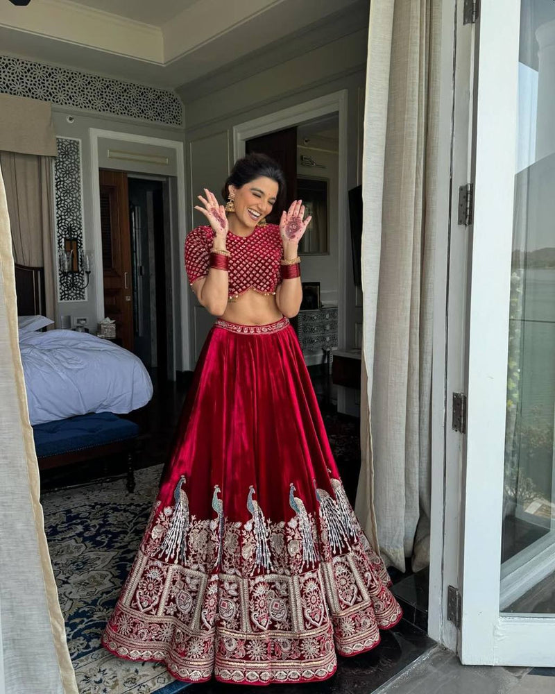 Maroon Color Wedding Wear Velvet Designer Lehenga Choli