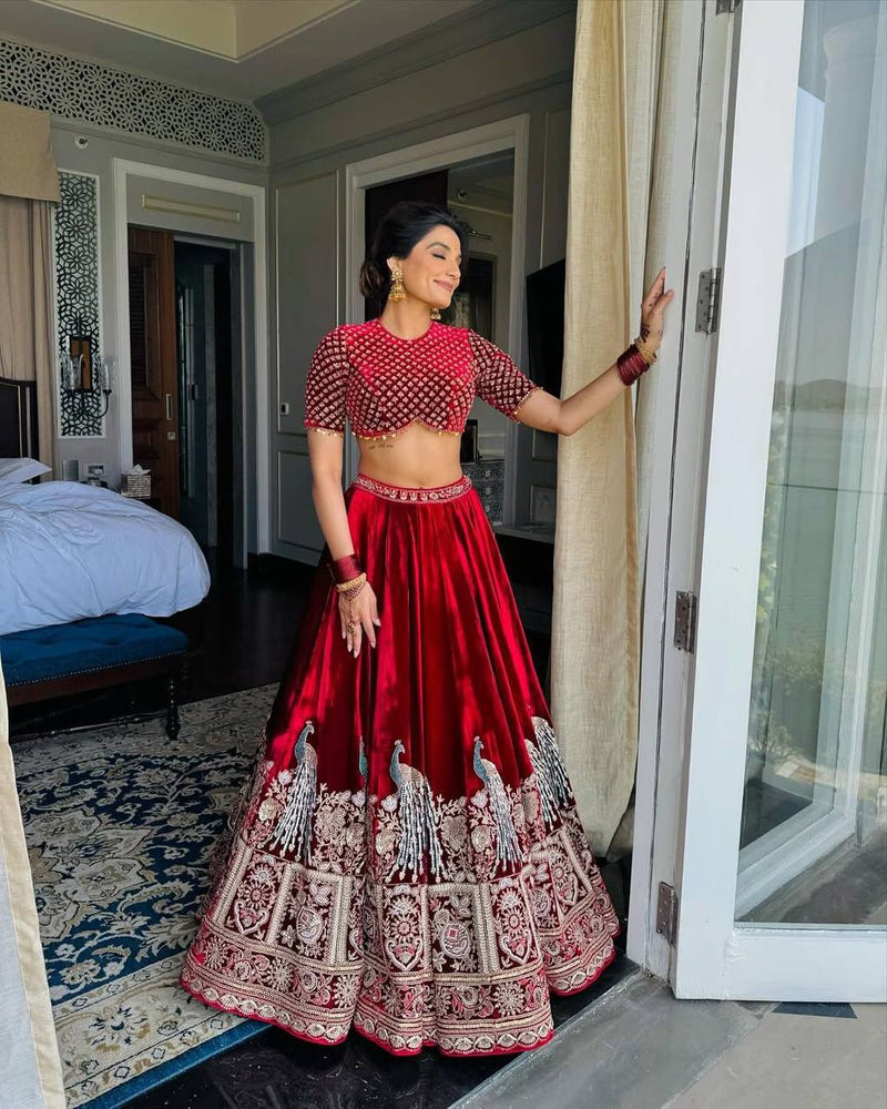 Maroon Color Wedding Wear Velvet Designer Lehenga Choli