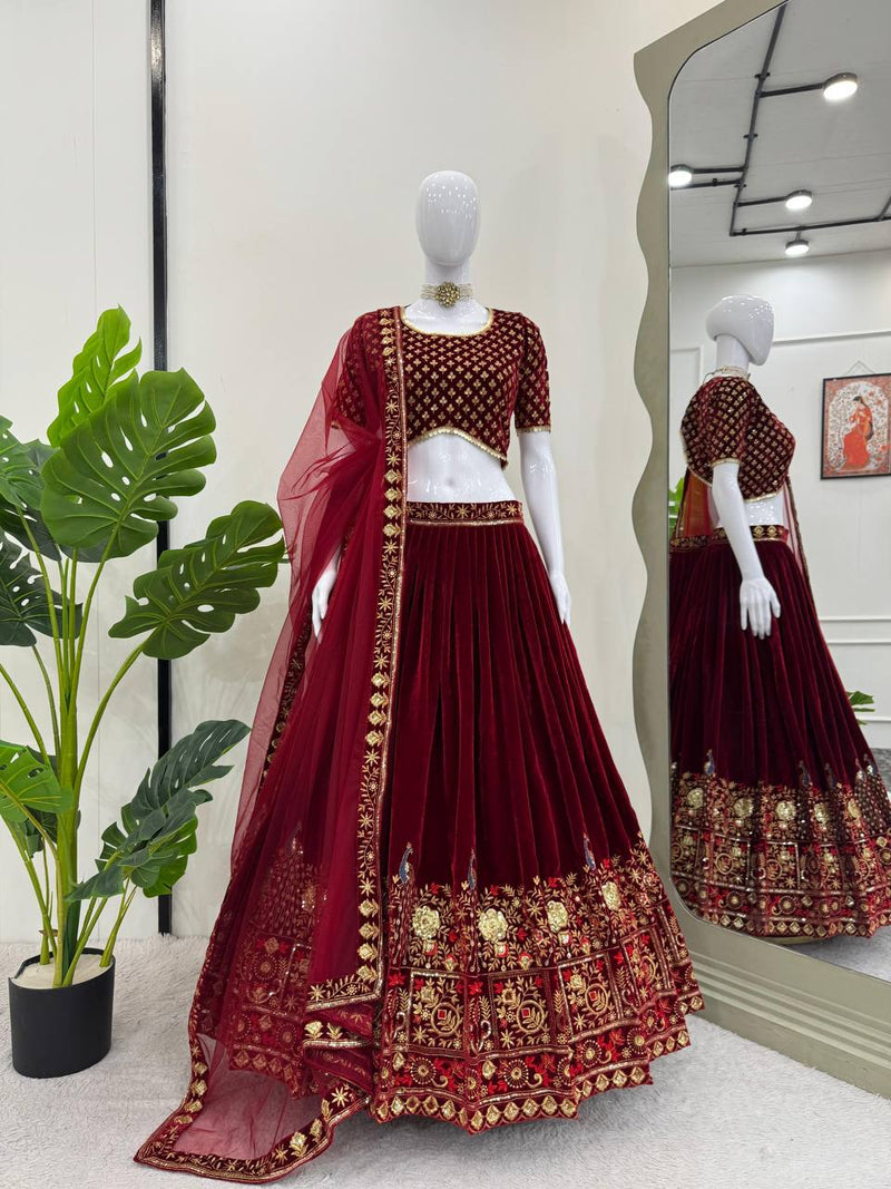 Maroon Color Wedding Wear Velvet Designer Lehenga Choli