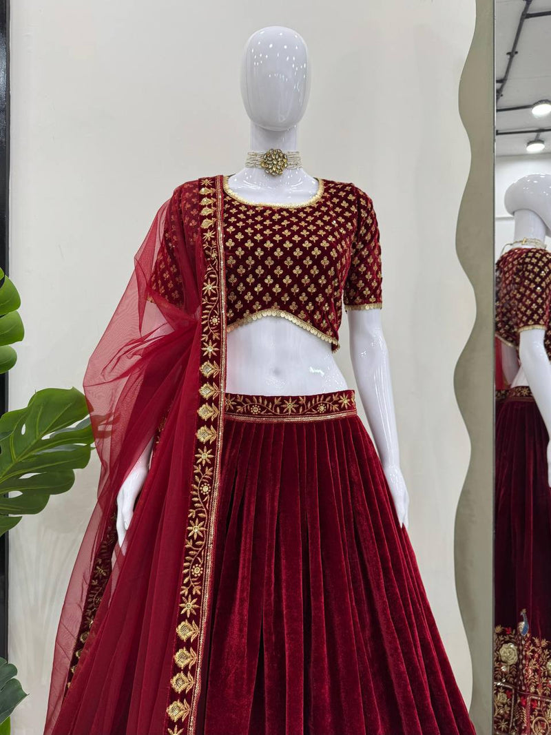 Maroon Color Wedding Wear Velvet Designer Lehenga Choli