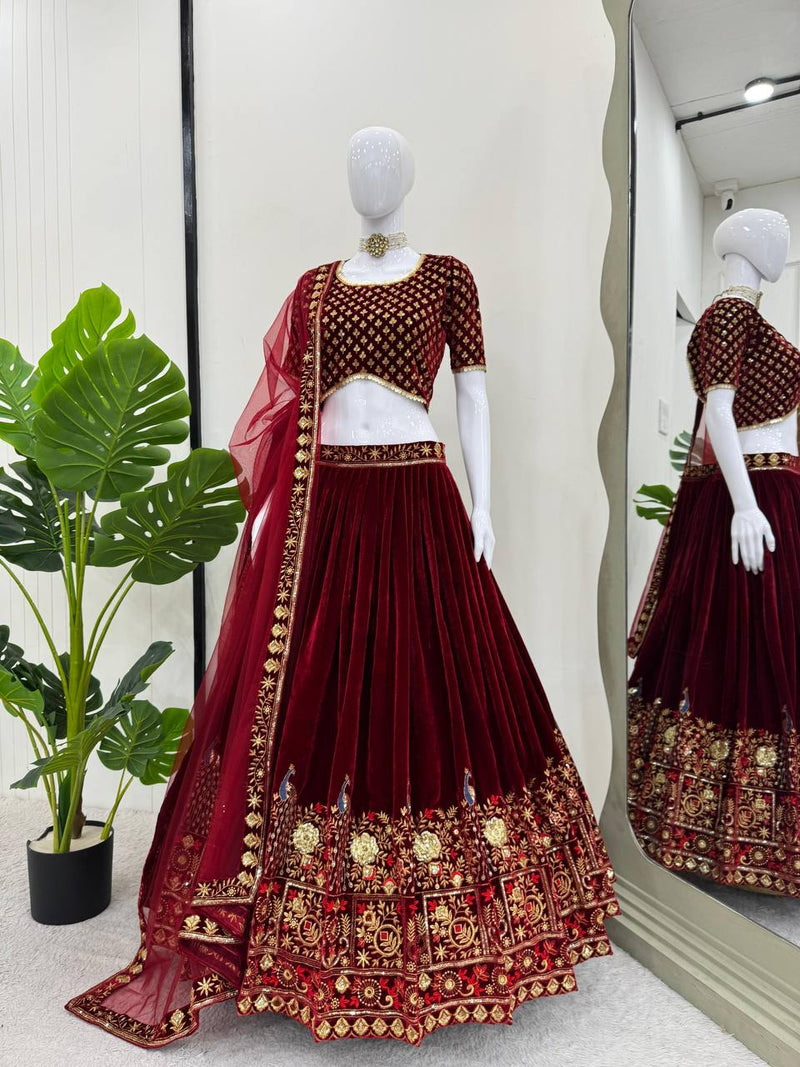 Maroon Color Wedding Wear Velvet Designer Lehenga Choli