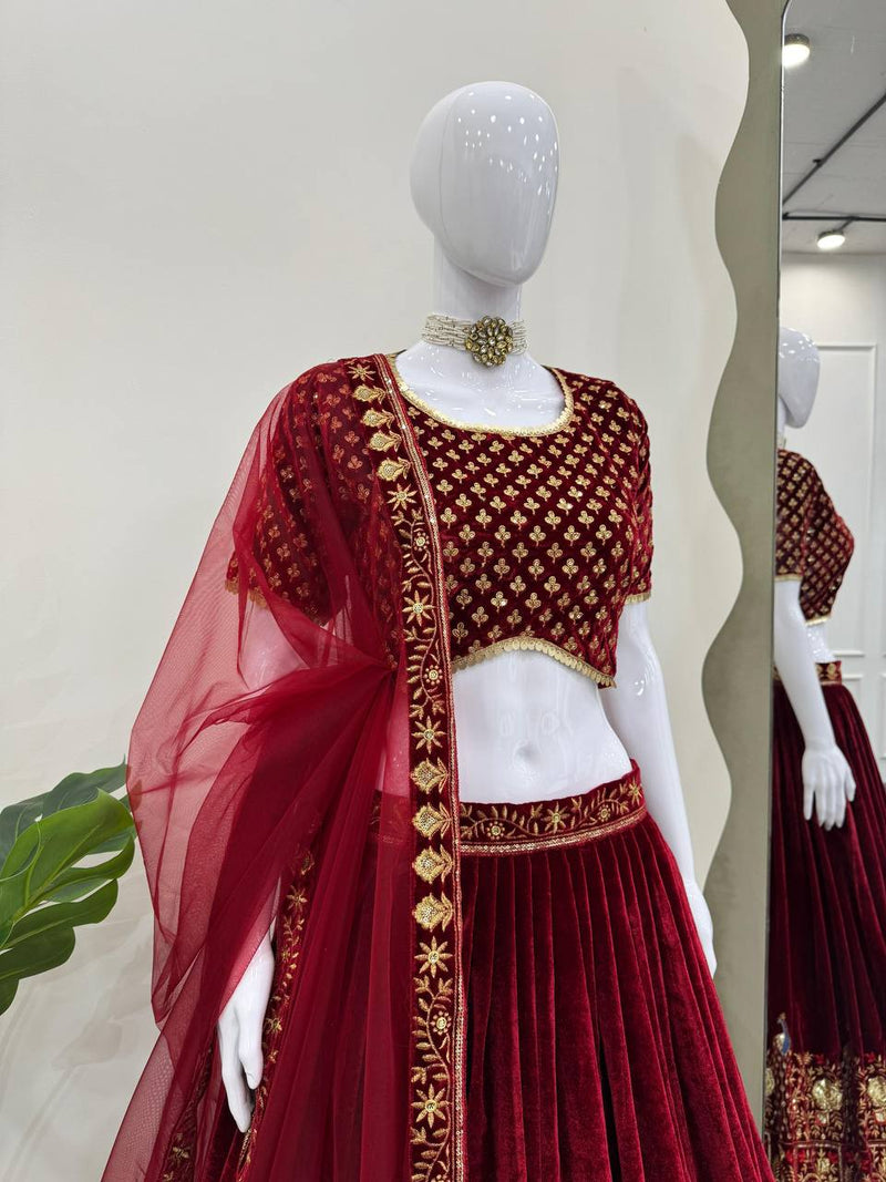 Maroon Color Wedding Wear Velvet Designer Lehenga Choli