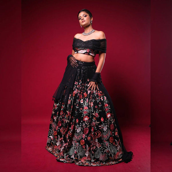 Black Color Thread Sequence Work Designer Georgette Lehenga