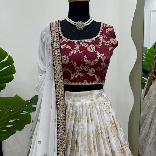 Off White Color Designer Jacquard Wedding Wear Trendy Lehenga Choli