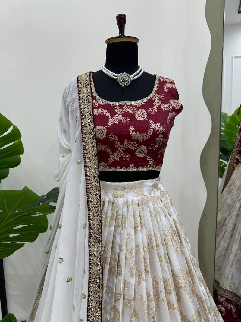 Off White Color Designer Jacquard Wedding Wear Trendy Lehenga