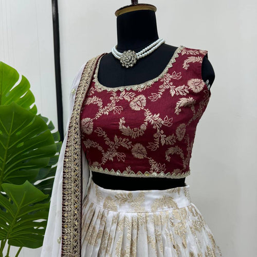 Off White Color Designer Jacquard Wedding Wear Trendy Lehenga Choli