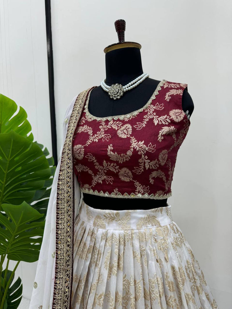 Off White Color Designer Jacquard Wedding Wear Trendy Lehenga