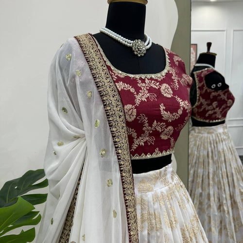 Off White Color Designer Jacquard Wedding Wear Trendy Lehenga Choli