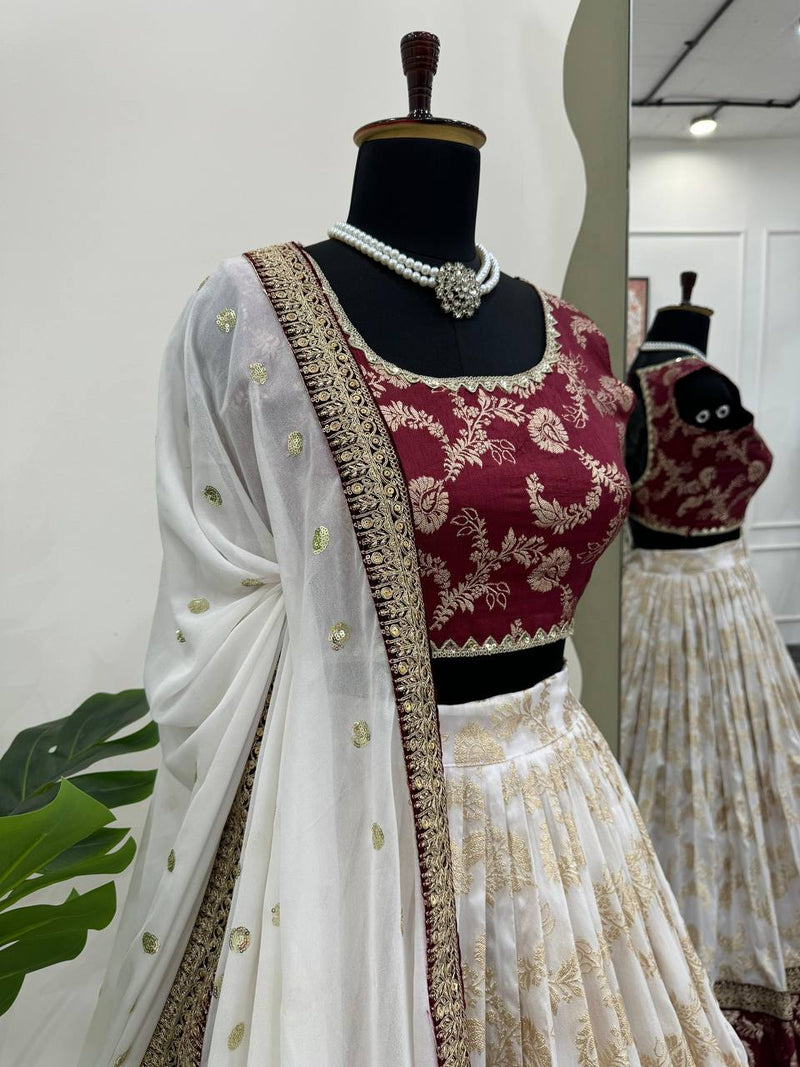 Off White Color Designer Jacquard Wedding Wear Trendy Lehenga