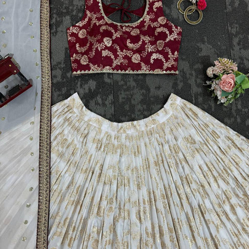 Off White Color Designer Jacquard Wedding Wear Trendy Lehenga Choli