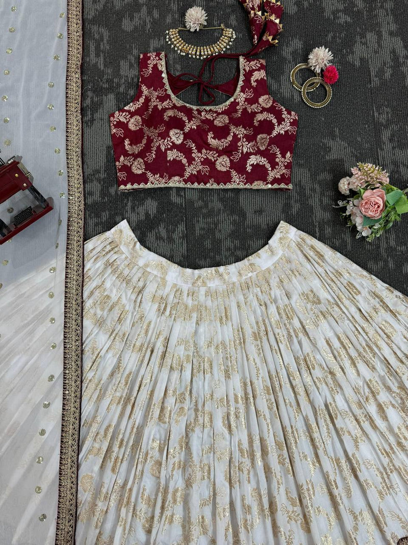 Off White Color Designer Jacquard Wedding Wear Trendy Lehenga