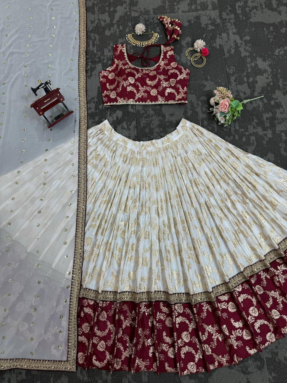 Off White Color Designer Jacquard Wedding Wear Trendy Lehenga Choli