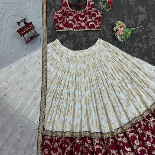 Off White Color Designer Jacquard Wedding Wear Trendy Lehenga Choli