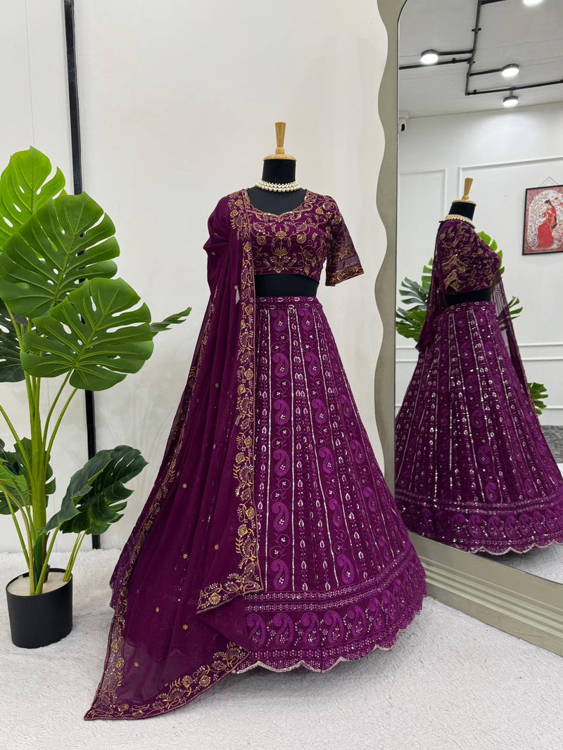 Wine Color Heavy Embroidery Sequins Work Georgette Lehenga