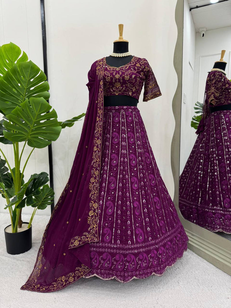 Wine Color Heavy Embroidery Sequins Work Georgette Lehenga