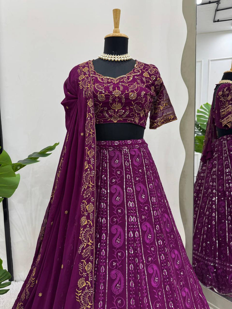 Wine Color Heavy Embroidery Sequins Work Georgette Lehenga