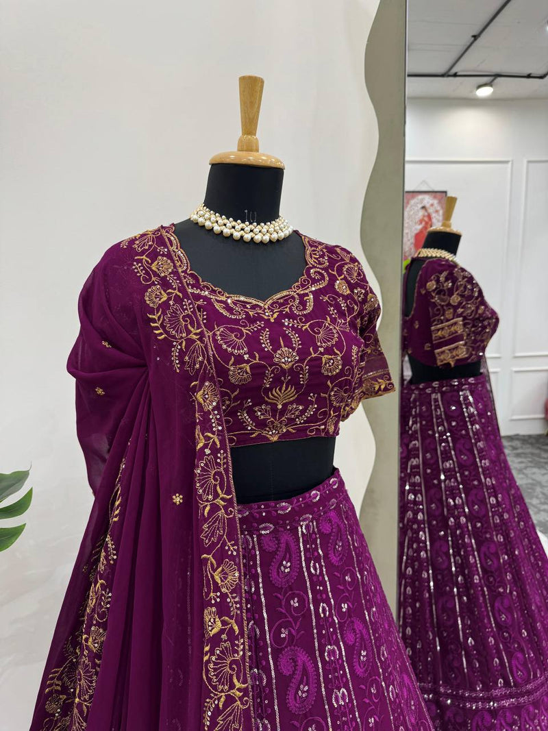 Wine Color Heavy Embroidery Sequins Work Georgette Lehenga