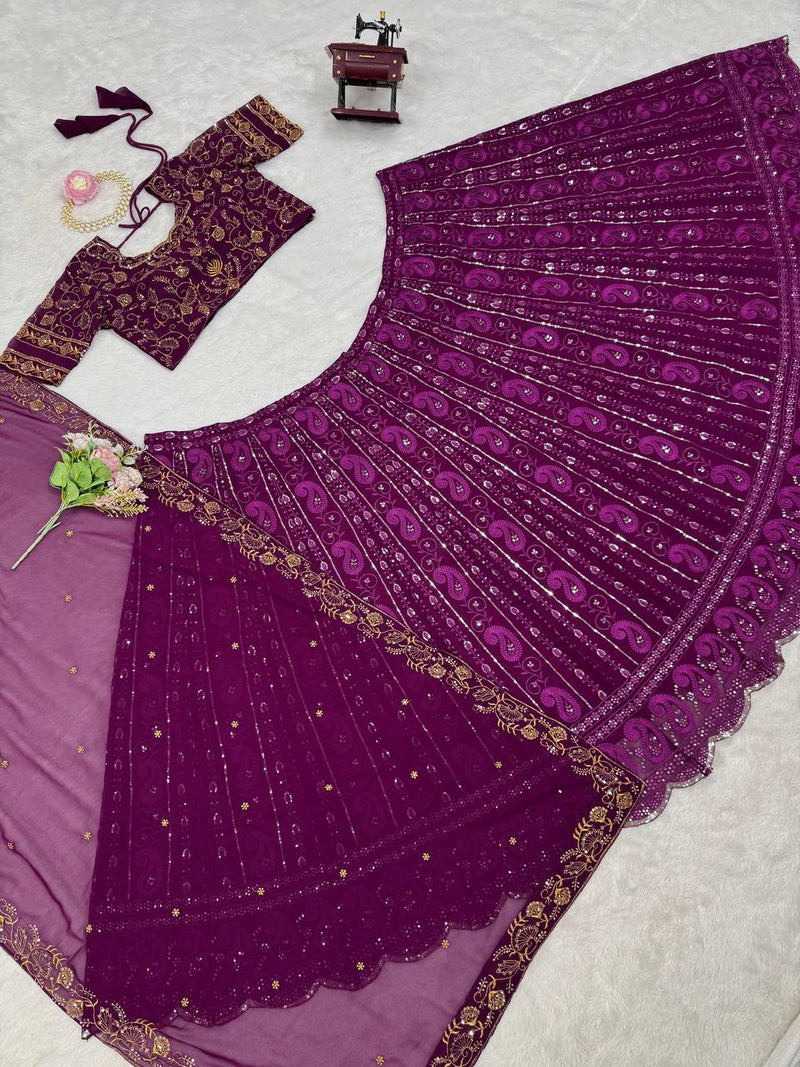 Wine Color Heavy Embroidery Sequins Work Georgette Lehenga