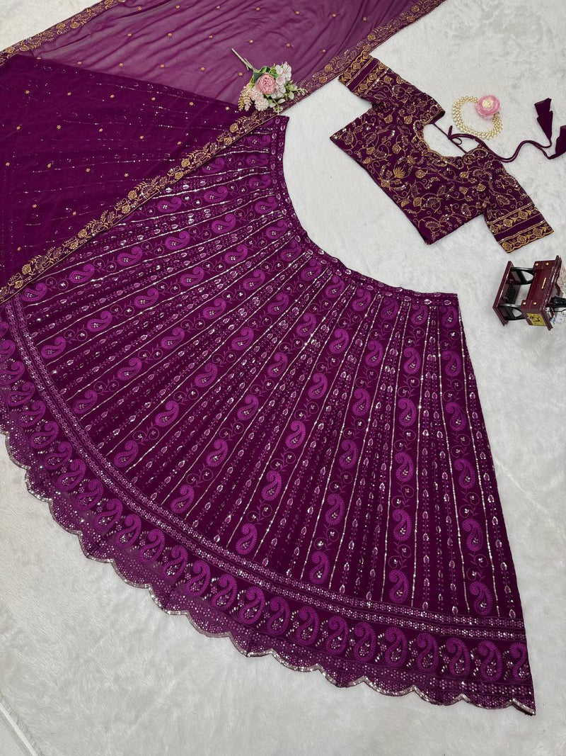 Wine Color Heavy Embroidery Sequins Work Georgette Lehenga