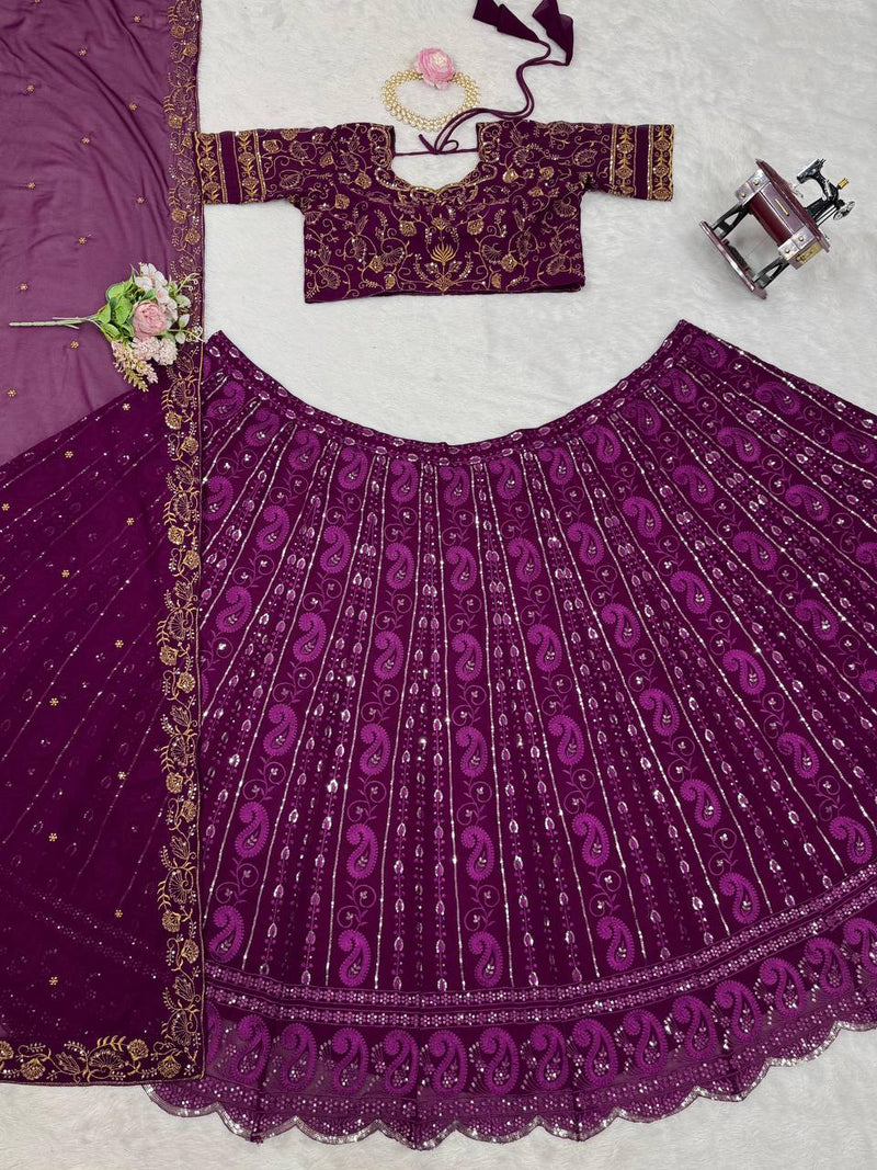 Wine Color Heavy Embroidery Sequins Work Georgette Lehenga