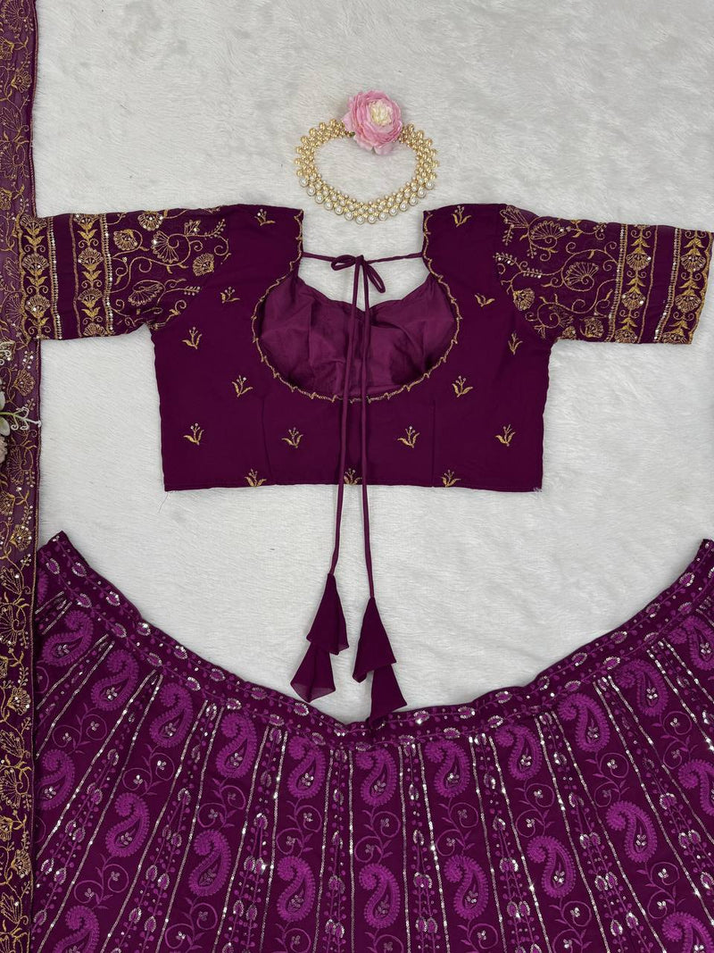 Wine Color Heavy Embroidery Sequins Work Georgette Lehenga