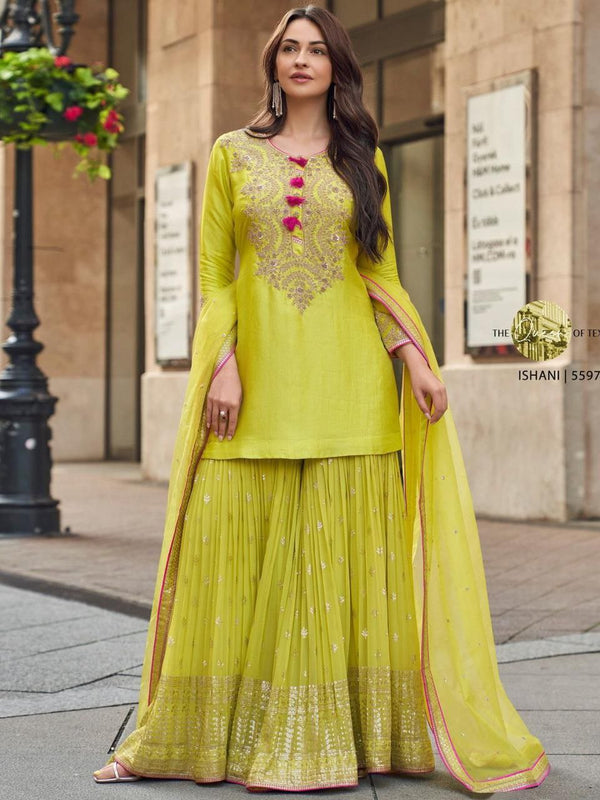 Lime Green Color Designer Georgette Embroidered Sharara Suit