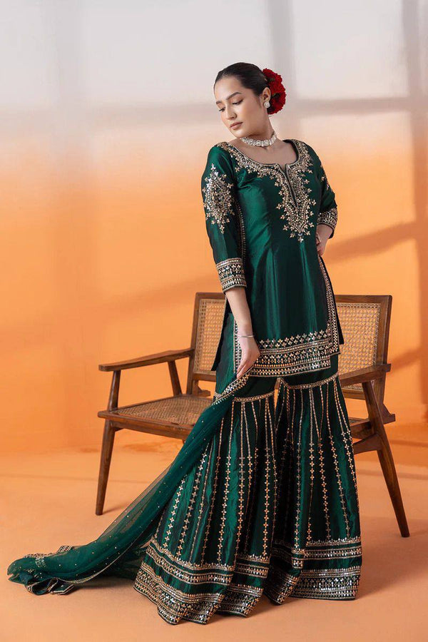 Green Color Thread Work Silk Sharara Suit