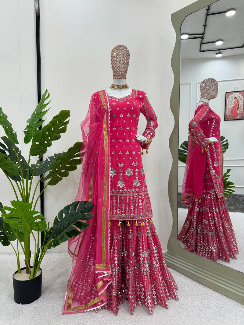 Pink Color Georgette Heavy Sequence Work Sharara Suit