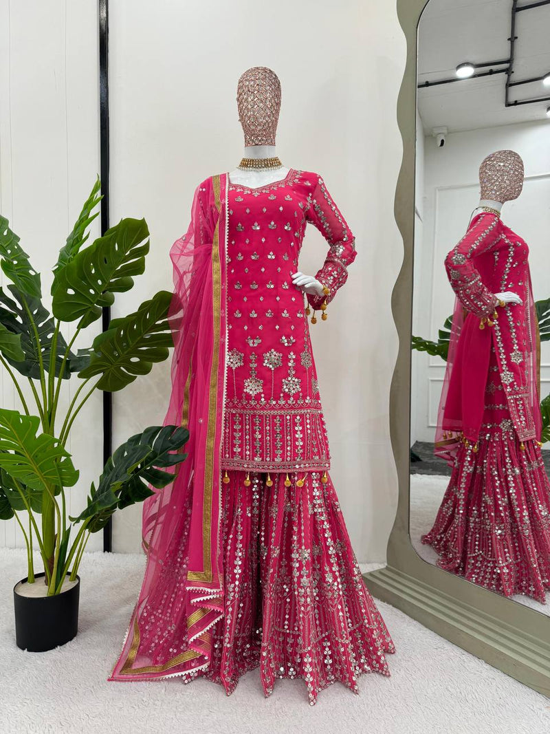 Pink Color Georgette Heavy Sequence Work Sharara Suit