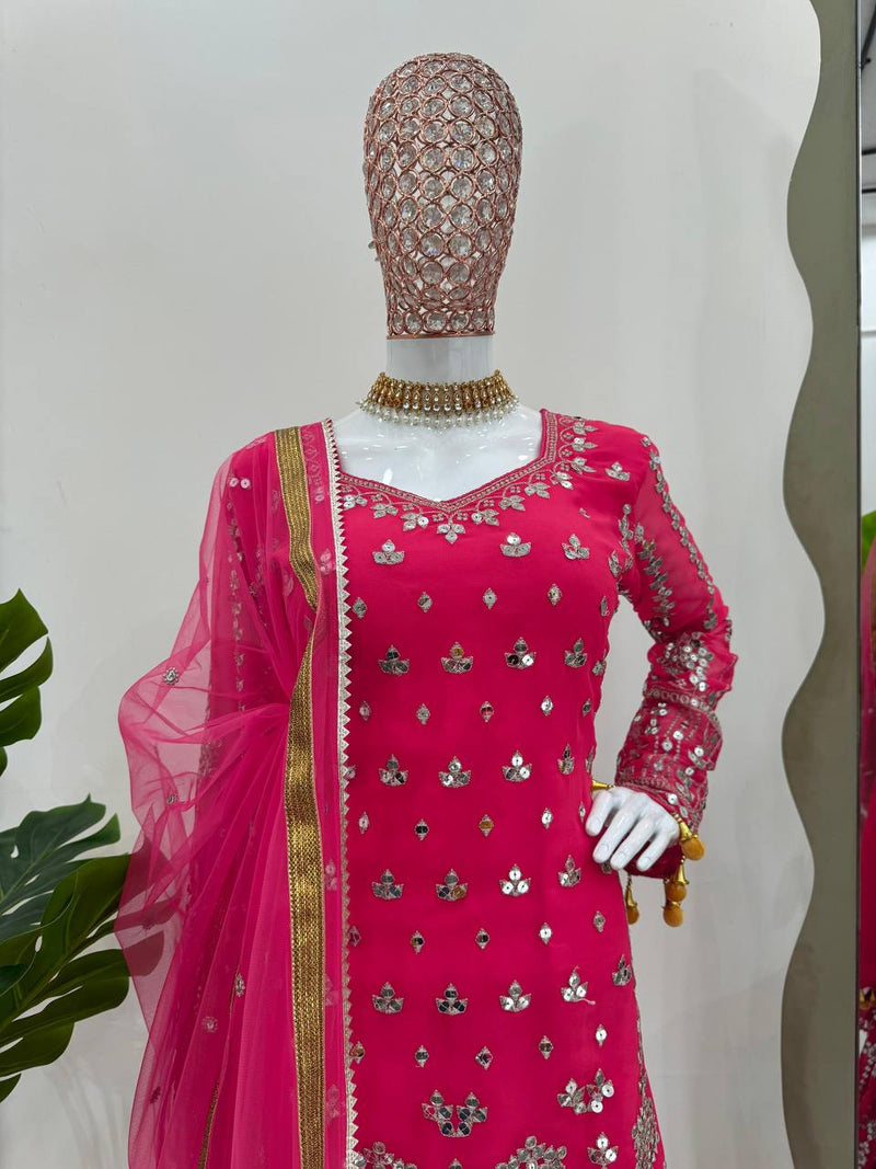 Pink Color Georgette Heavy Sequence Work Sharara Suit