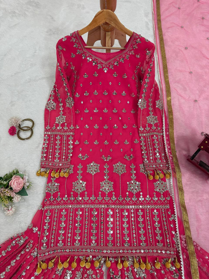 Pink Color Georgette Heavy Sequence Work Sharara Suit