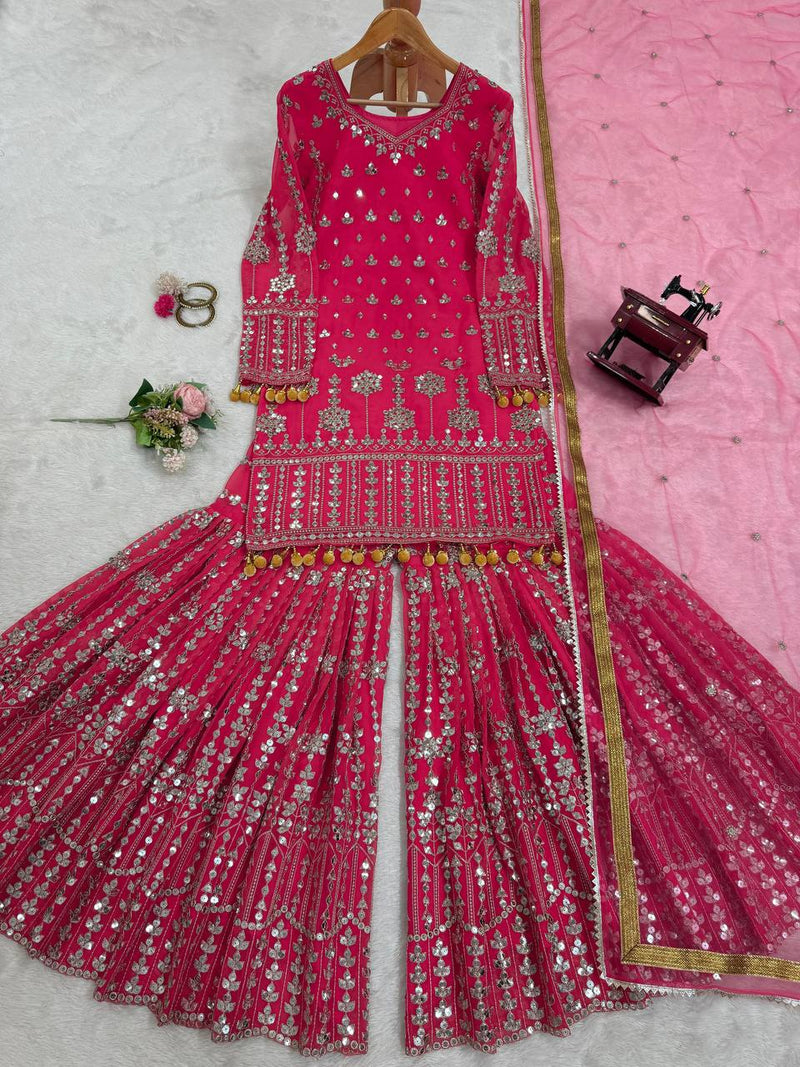 Pink Color Georgette Heavy Sequence Work Sharara Suit