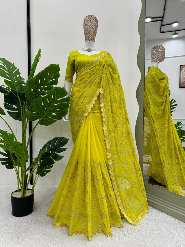 Yellow Color Embroidered Sequence Work Silk Designer Saree