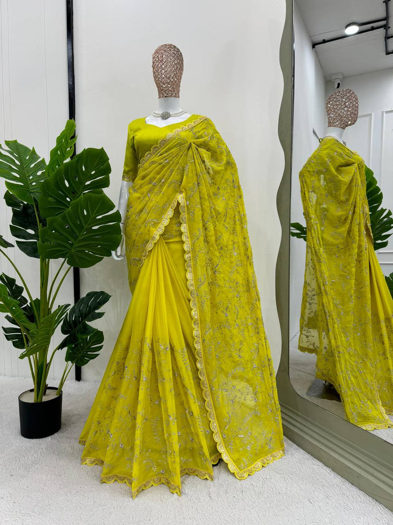 Yellow Color Embroidered Sequence Work Silk Designer Saree