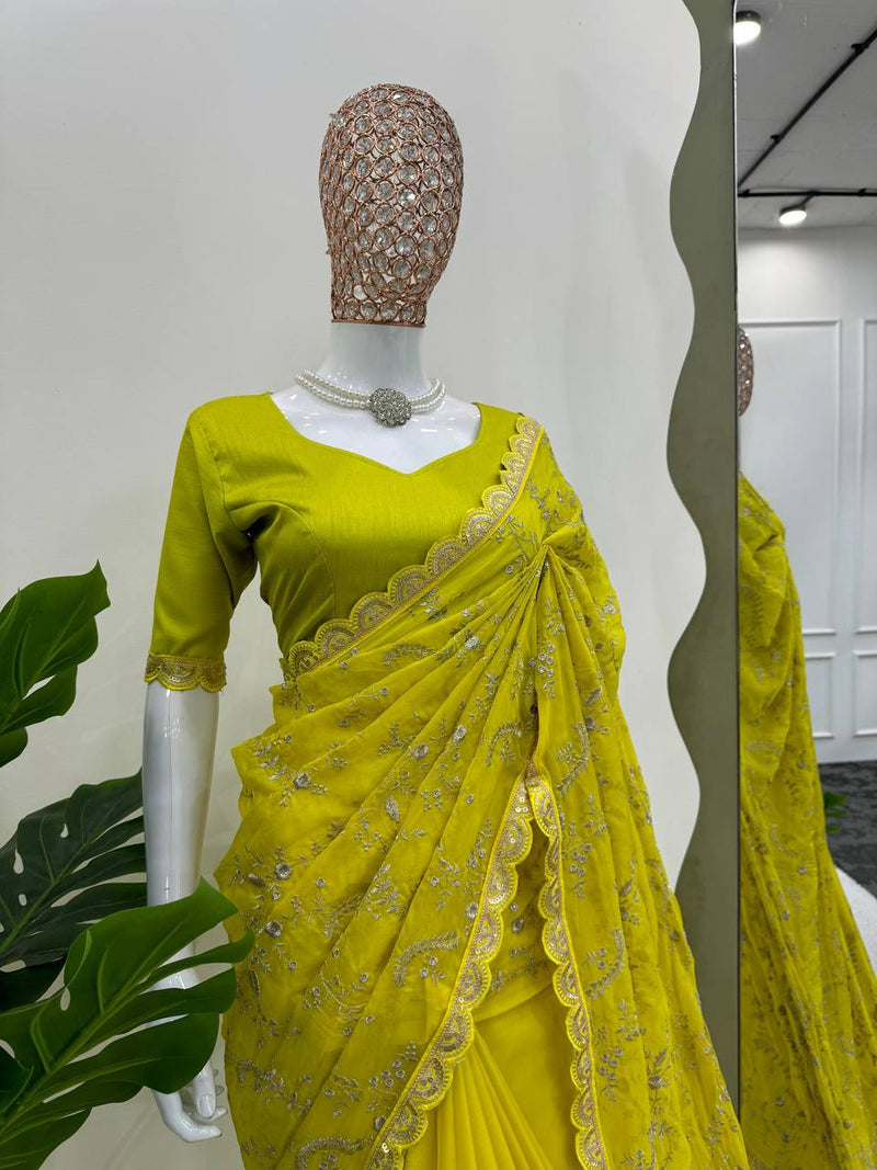 Yellow Color Embroidered Sequence Work Silk Designer Saree