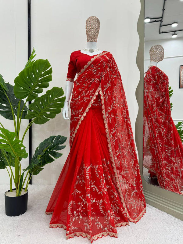 Red Color Embroidered Sequence Work Silk Designer Saree