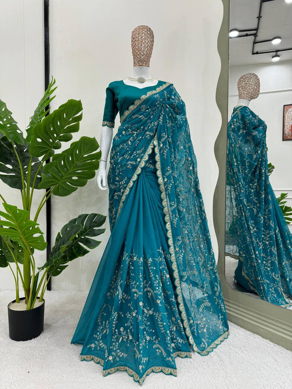 Rama Color Embroidered Sequence Work Silk Designer Saree