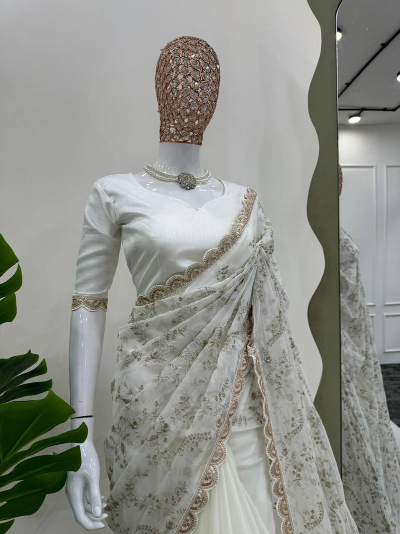 White Color Embroidered Sequence Work Silk Designer Saree