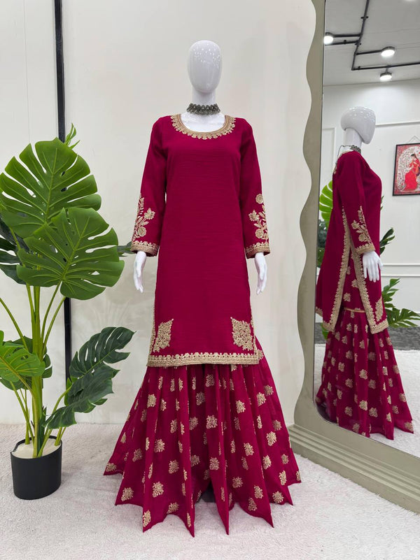 Red Color Designer Silk Party Wear Sharara Suit