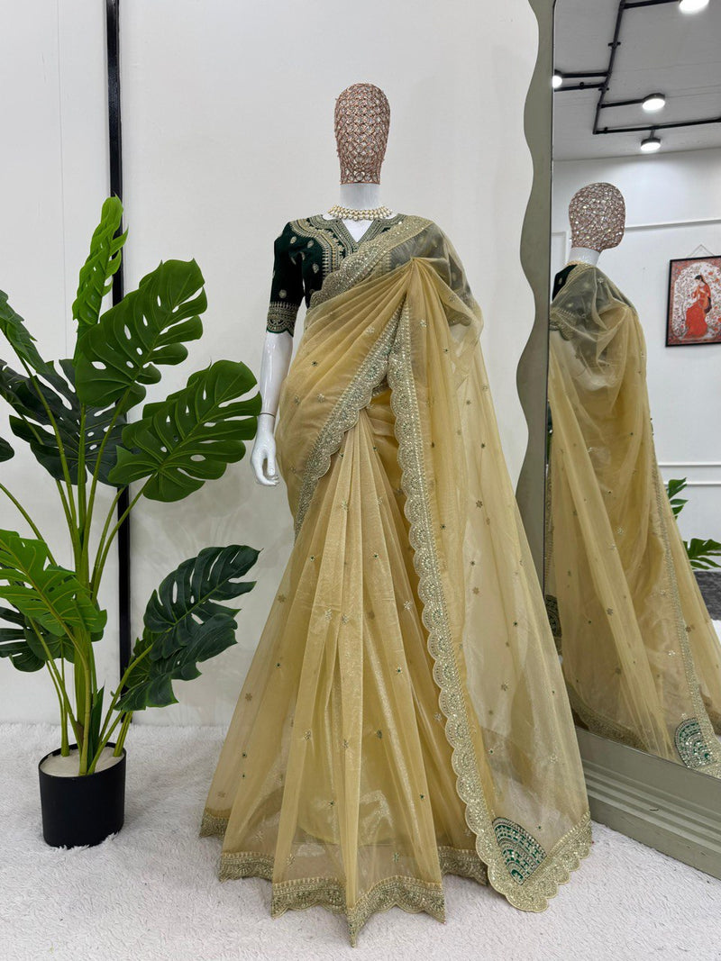 Cream Color Designer Wedding Wear Net Sraee