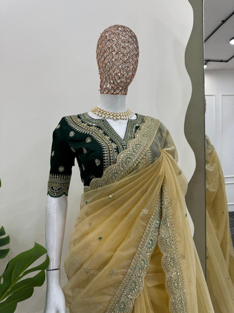 Cream Color Designer Wedding Wear Net Sraee