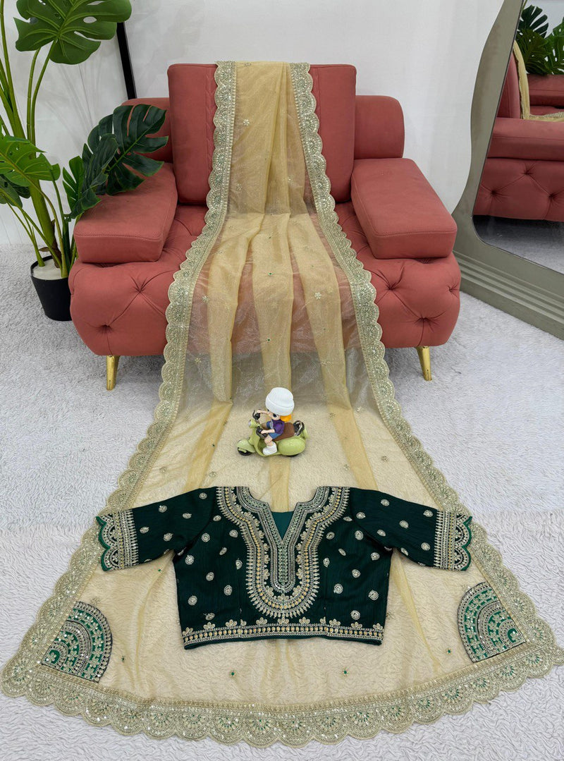 Cream Color Designer Wedding Wear Net Sraee