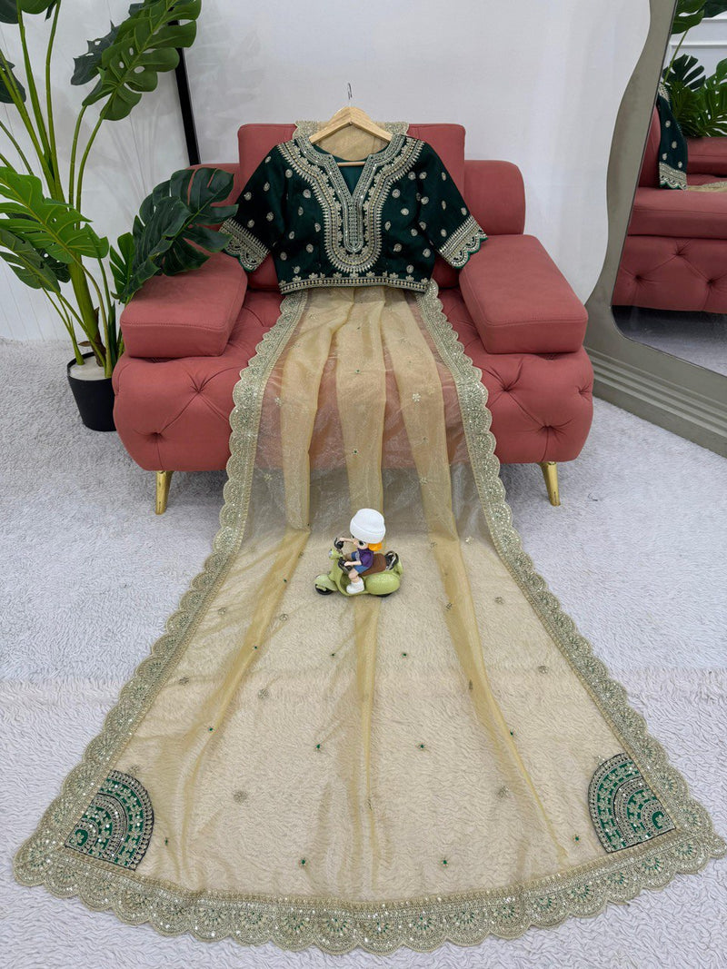 Cream Color Designer Wedding Wear Net Sraee