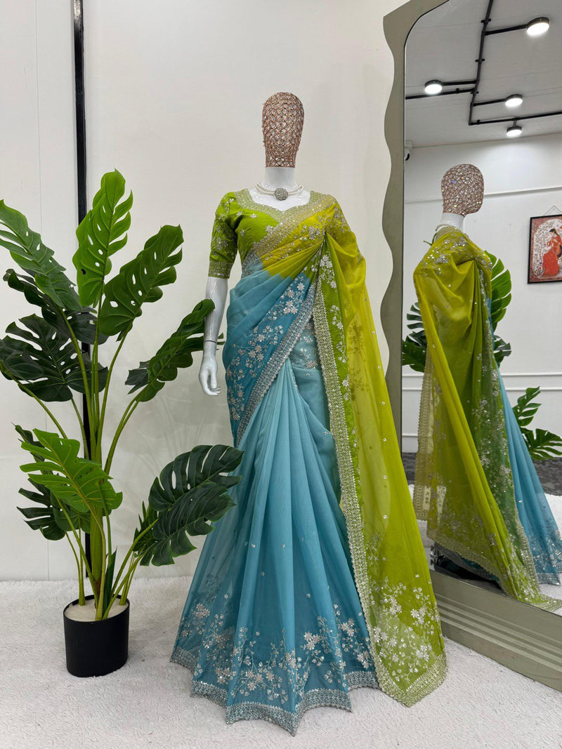 Blue-Green Color Wedding Wear Silk Designer Saree